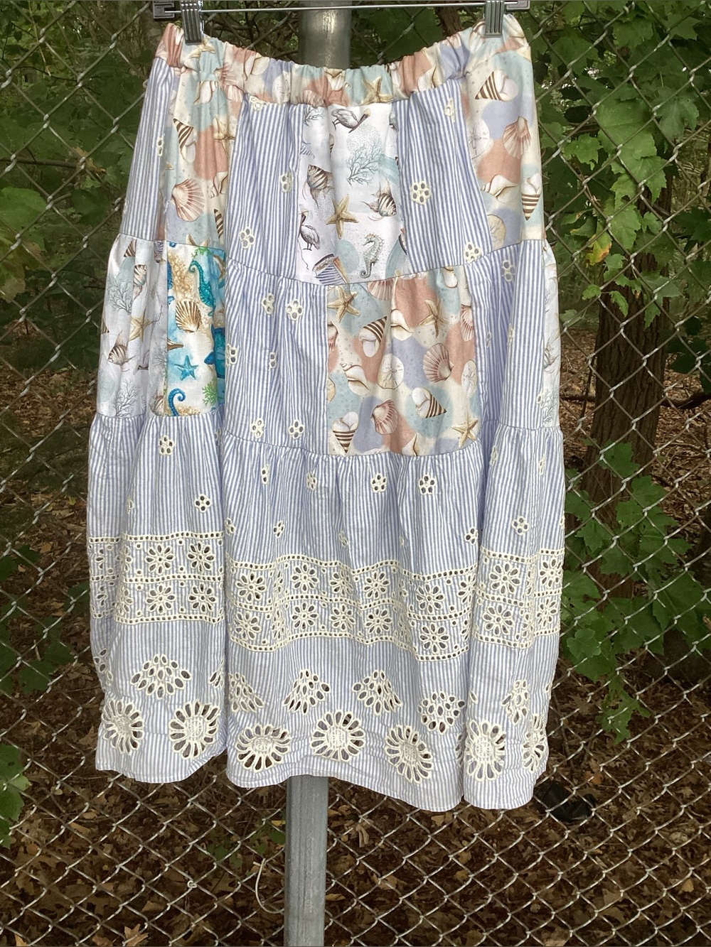 S M Beach Themed Tiered Patchwork Full Skirt